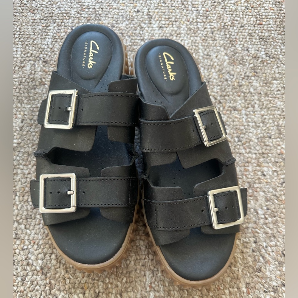 Clarks Black Double-Buckle Platform Slides